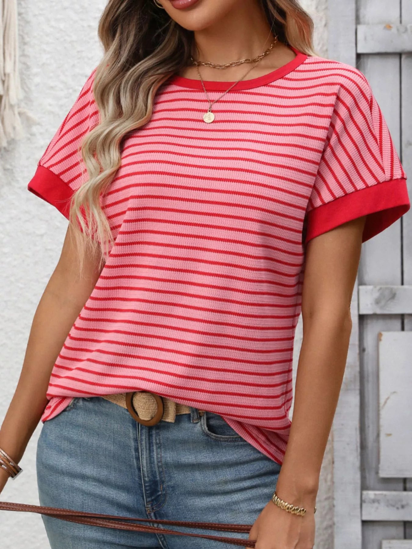 Striped Ribbed Knit Short Sleeve T-Shirt