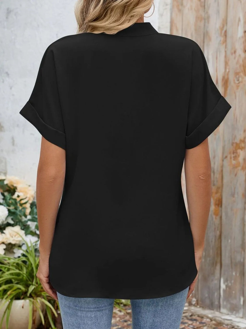 Notched Short Sleeve Blouse