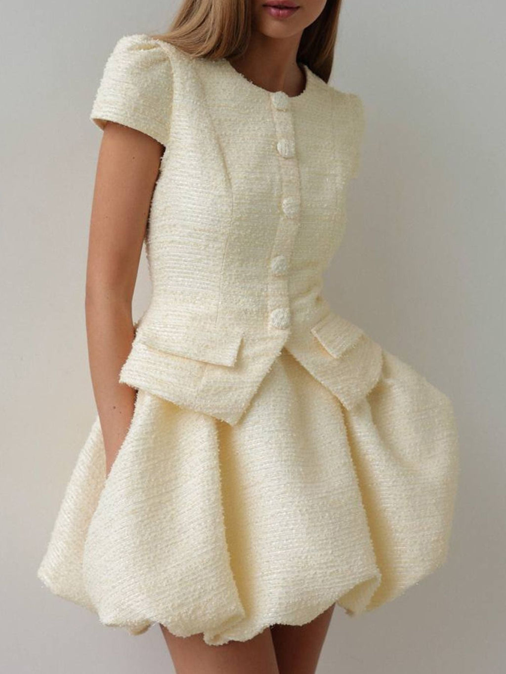 Button Up Short Sleeve Top and Bubble Hem Skirt Set