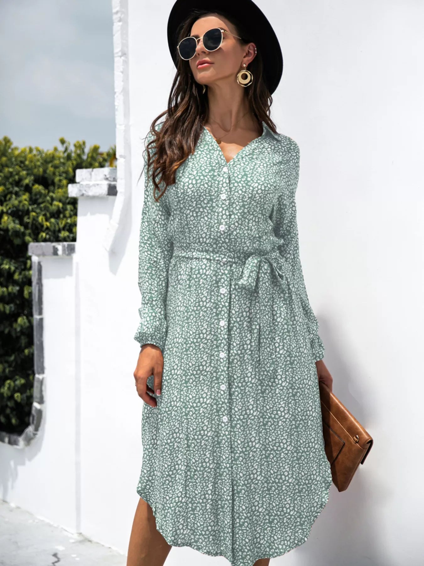 Button Down Printed Long Sleeve Shirt Dress