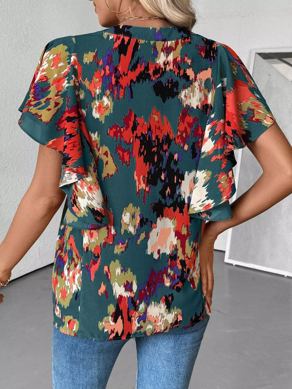Abstract Print Ruffle Sleeve Blouse