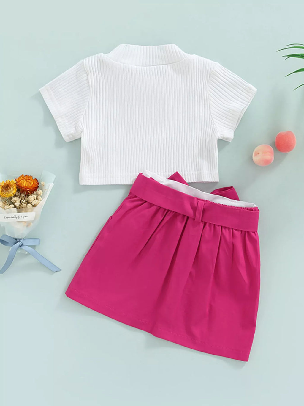 Children's Ribbed Knit Top & Bow Decor Skirt Set