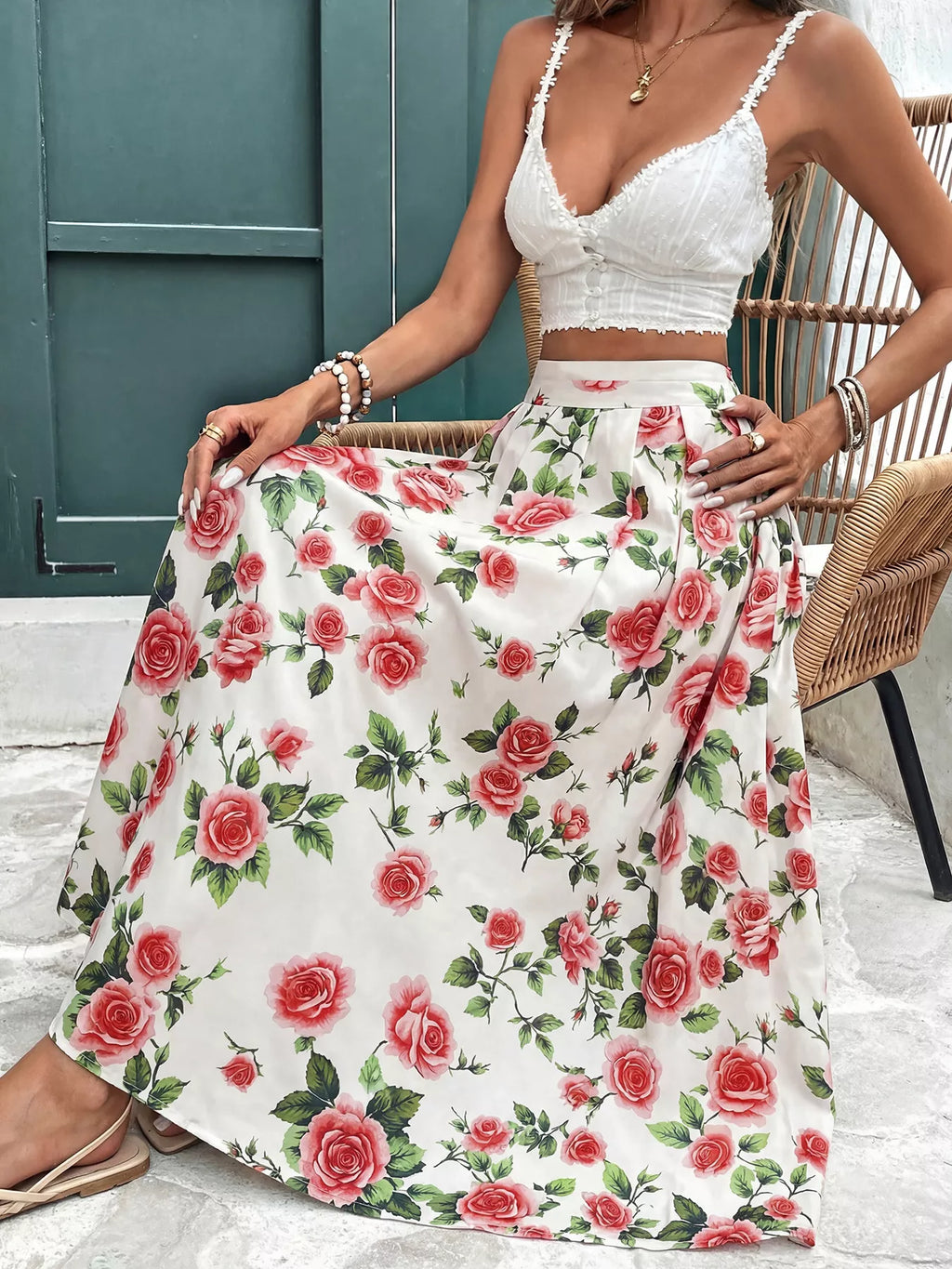 Rose Print Flowy Maxi Skirt