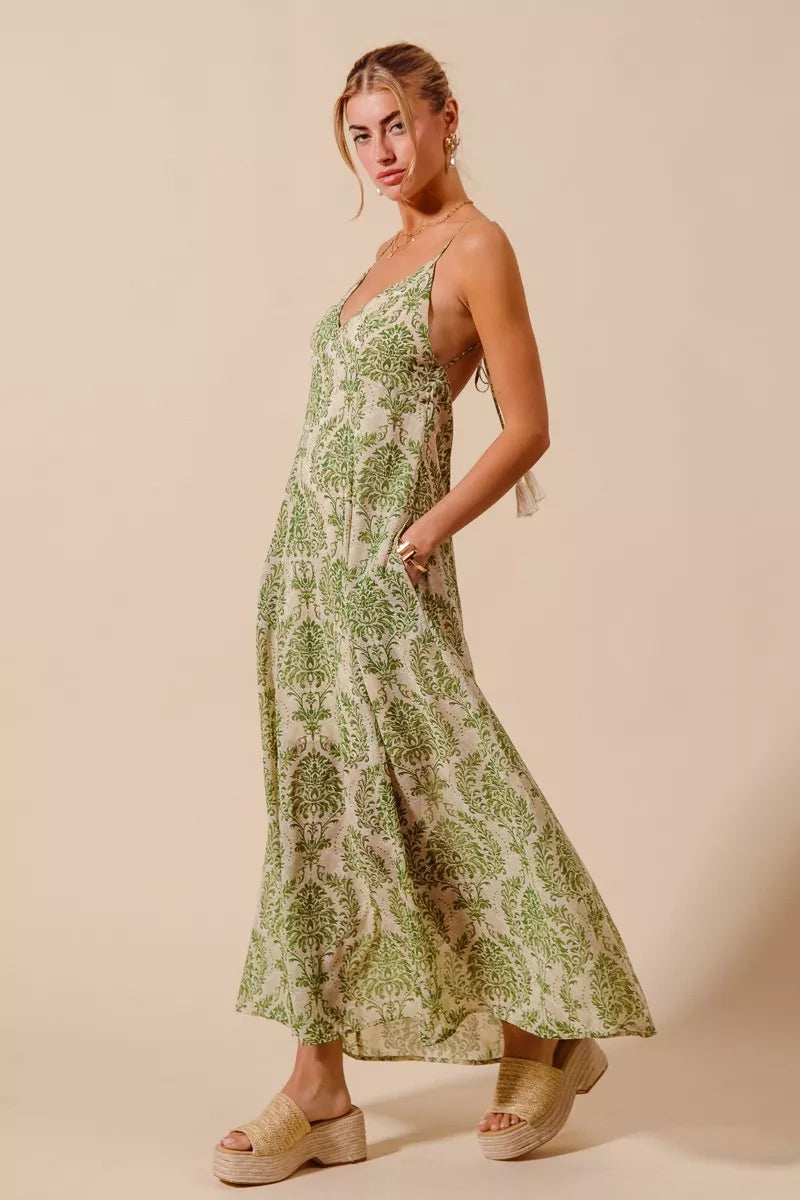 SO ME Damask Floral Summer Maxi Flowy Dress With Open Back