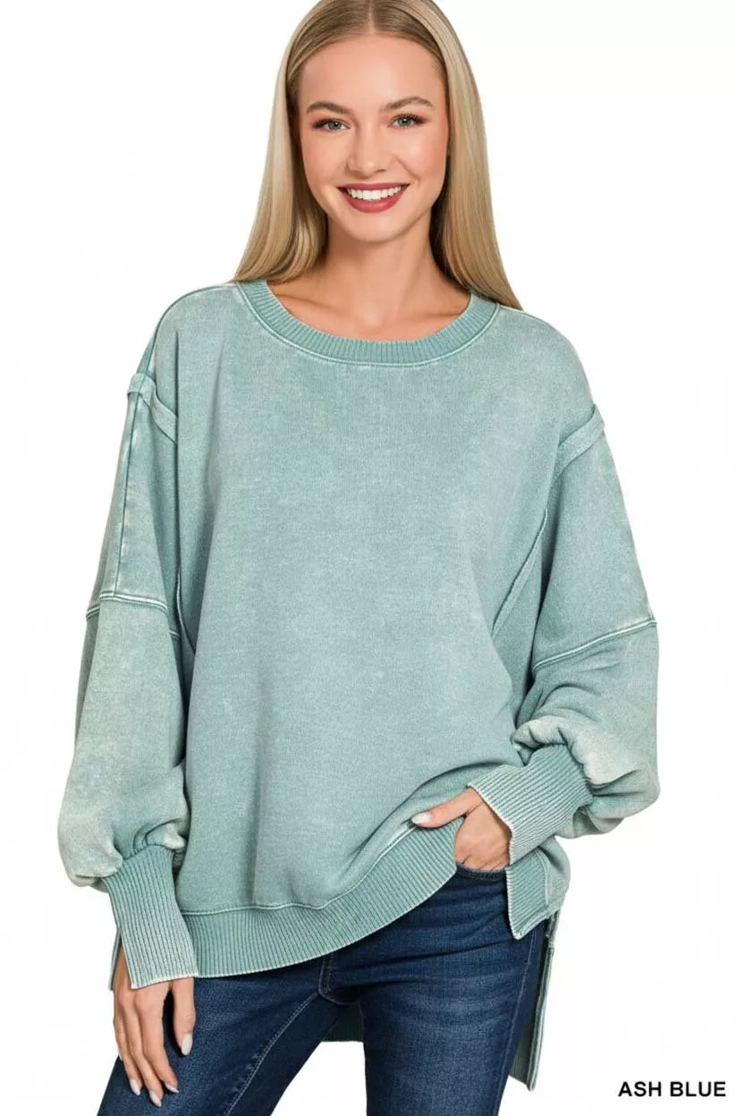Zenana Acid Washed Batwing Sleeve Fleece Sweatshirt
