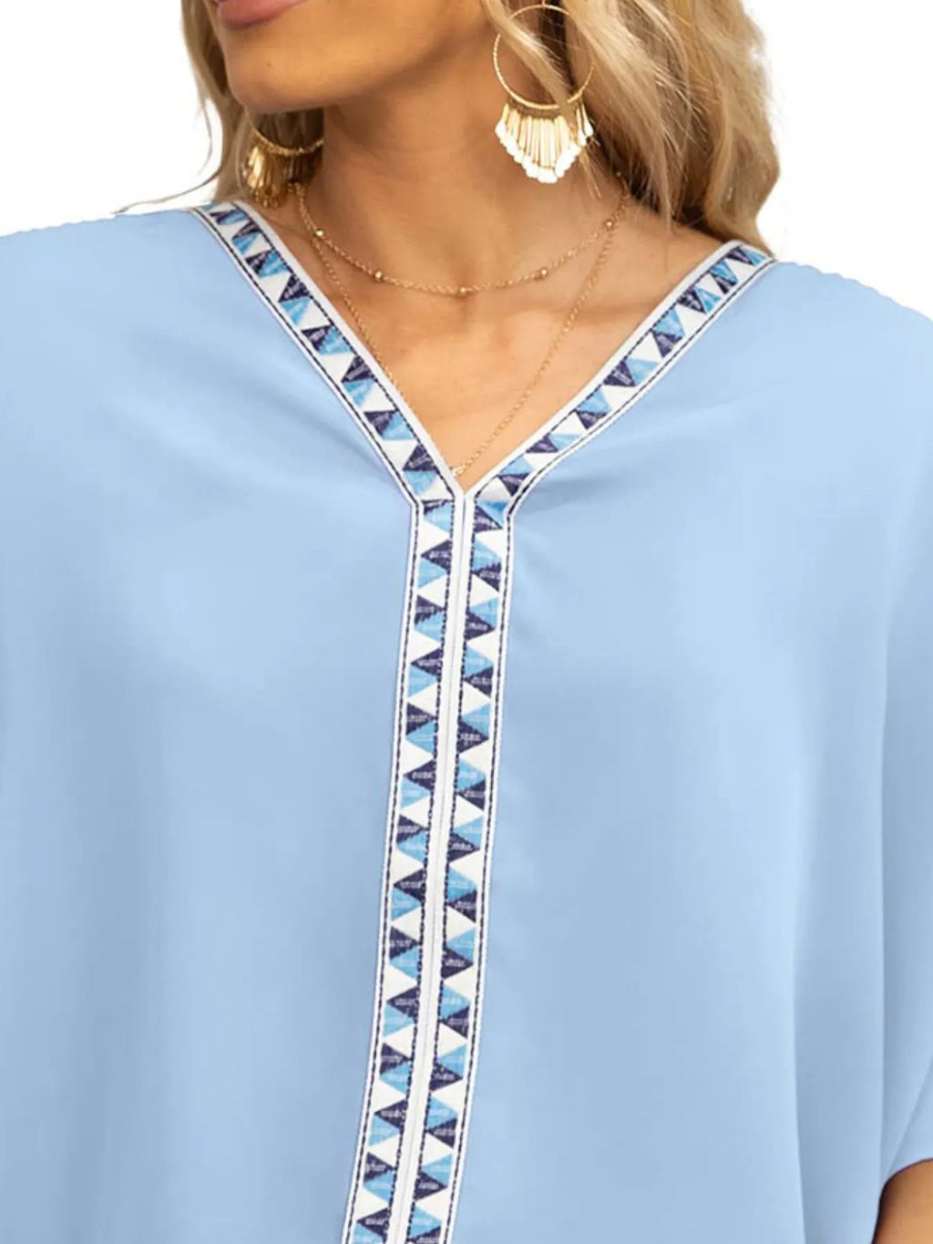 Oversized Contrast V-Neck Half Sleeve Blouse