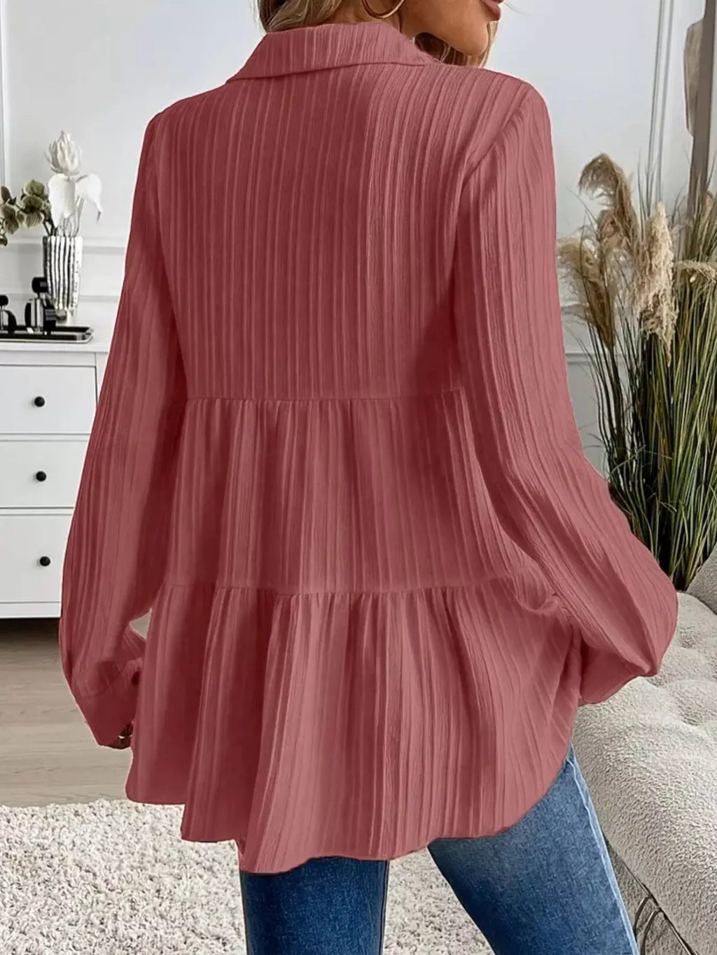 Button-Down Long Sleeve Tiered Shirt