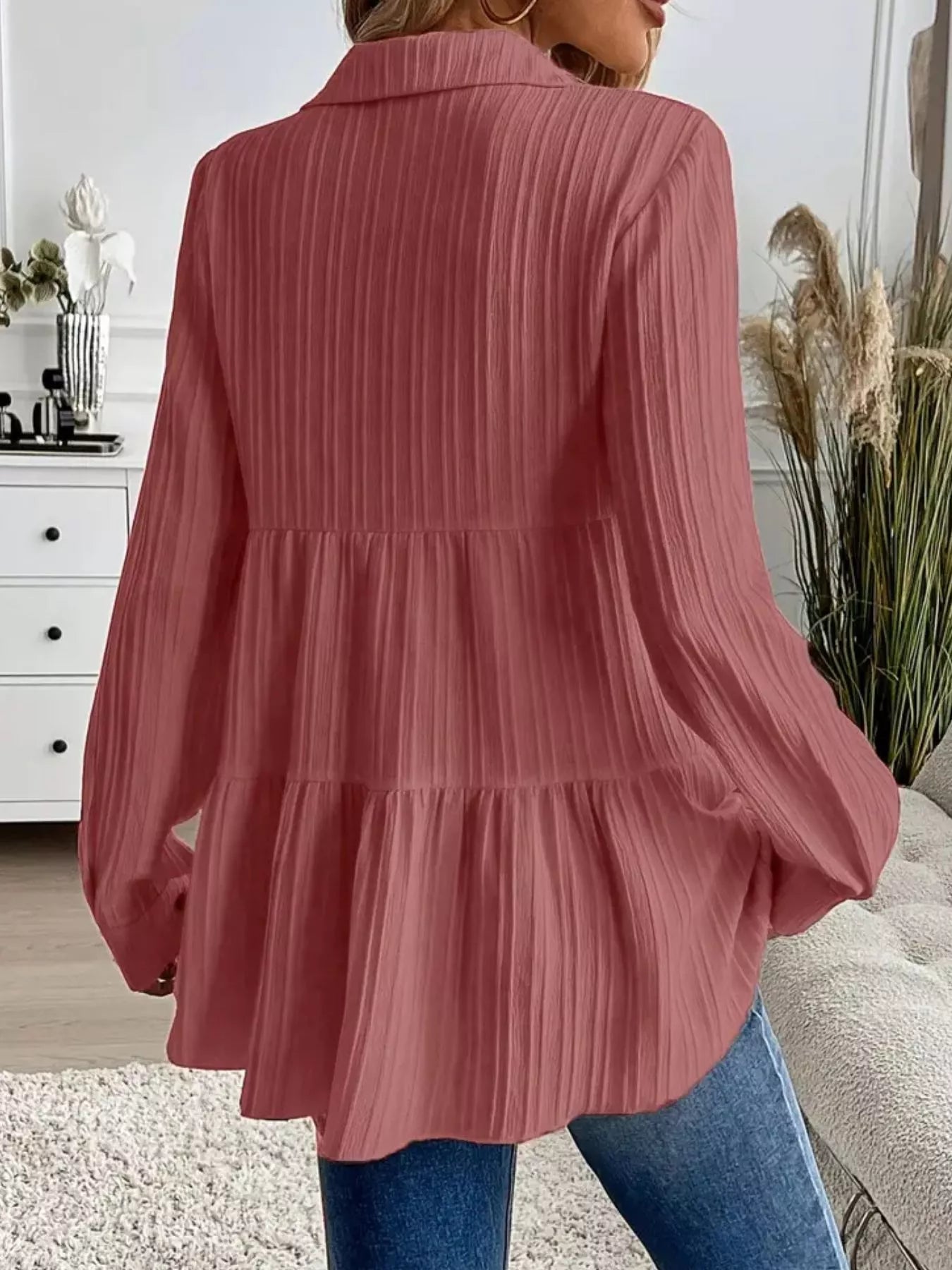 Button-Down Long Sleeve Tiered Shirt