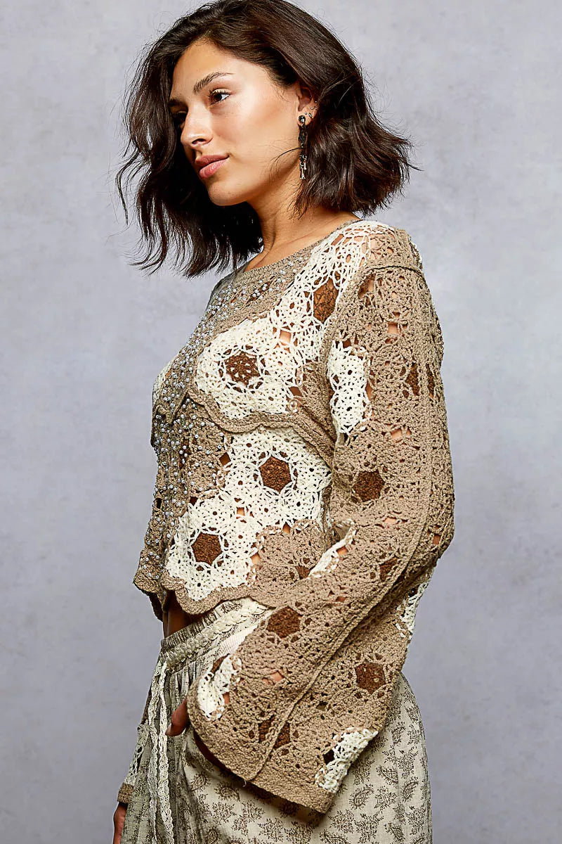 POL Floral Weave Pattern Crochet Cropped Top with Beads Detail