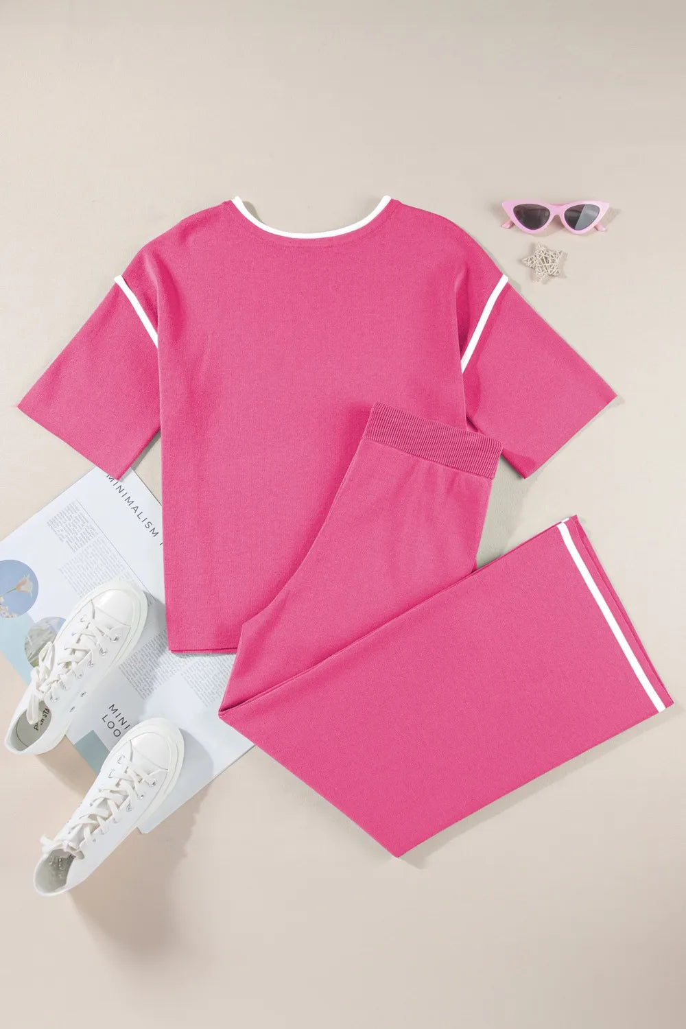 Contrast Trim Round Neck Top and Pants Set