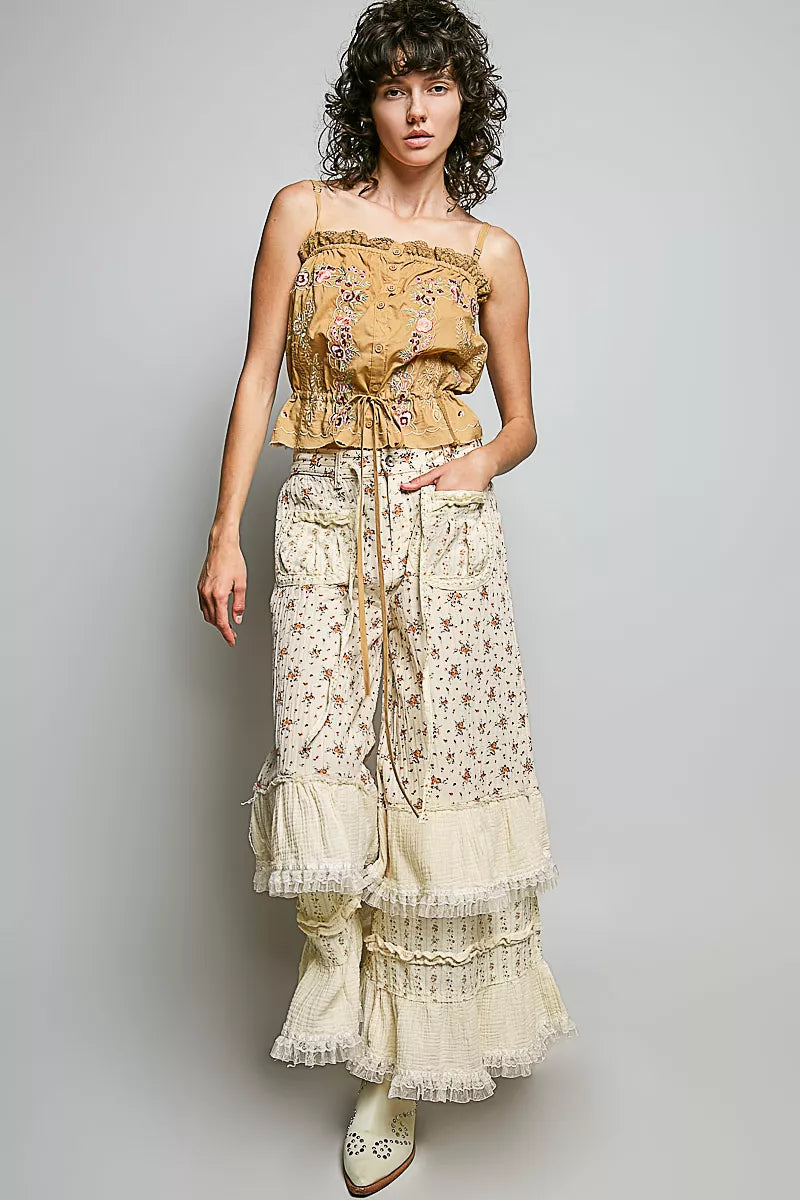 POL Button Down Floral Embroidered Cropped Cami with Lace Detail
