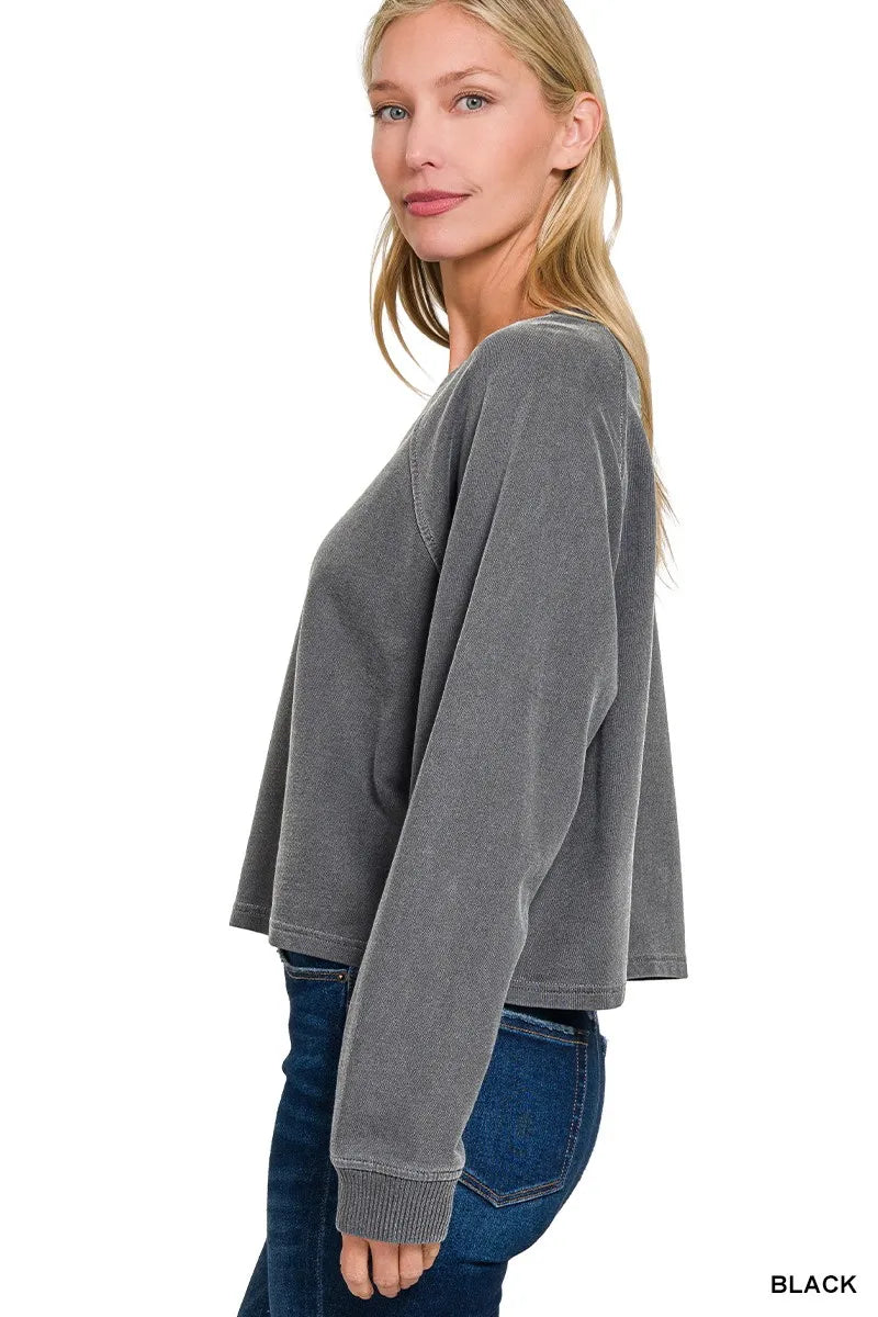 Zenana Washed F/terry Round Neck Pullover & Pants Set
