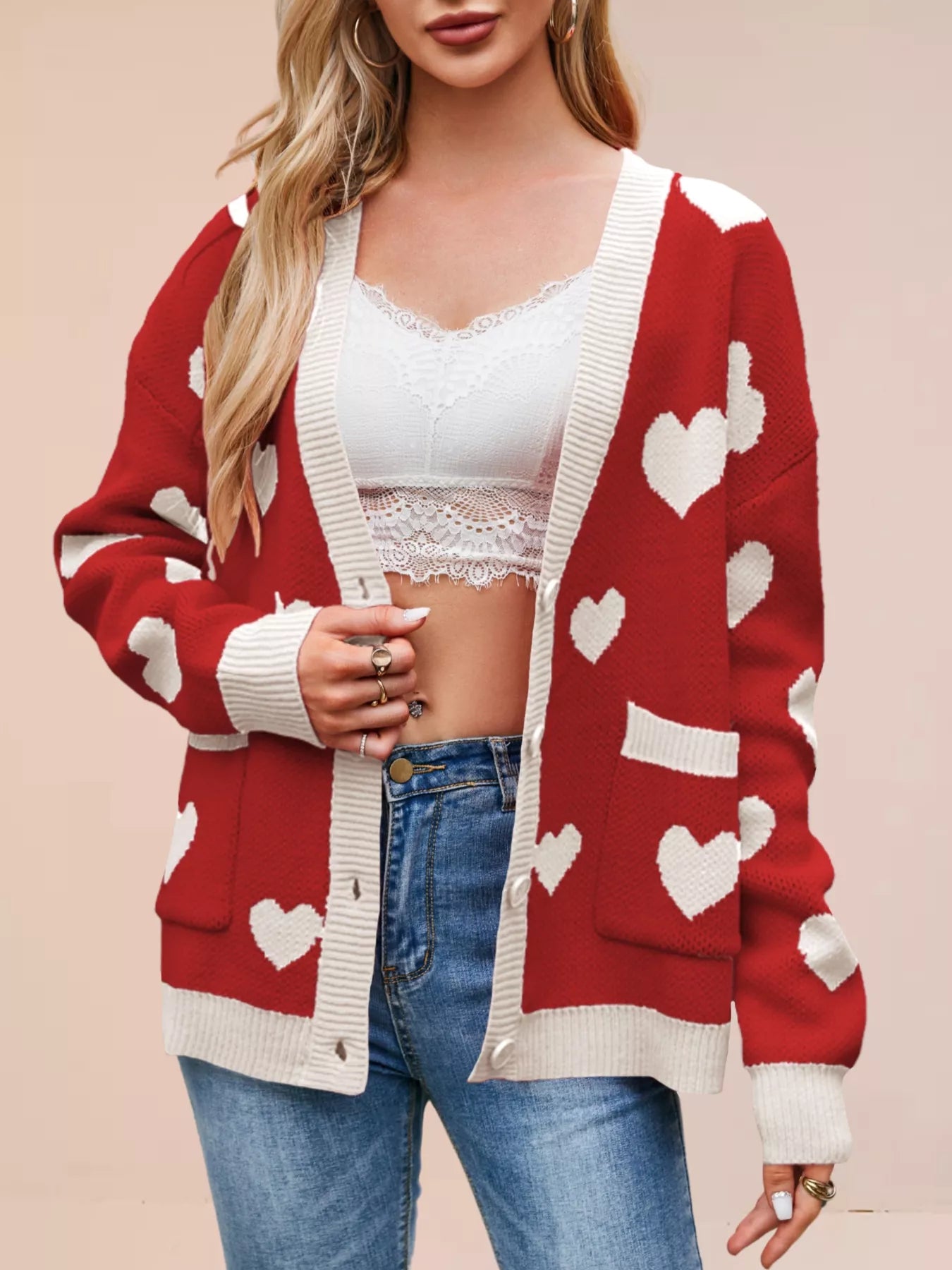 Heart Pattern Button-Up Knit Cardigan