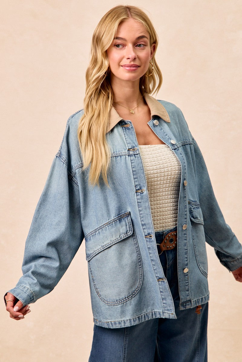 BiBi Washed Denim Jacket with Contrast Collar Detail