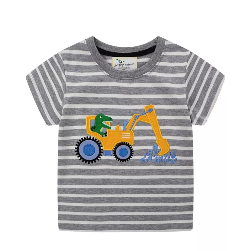 Children's Excavator Striped Round Neck T-Shirt