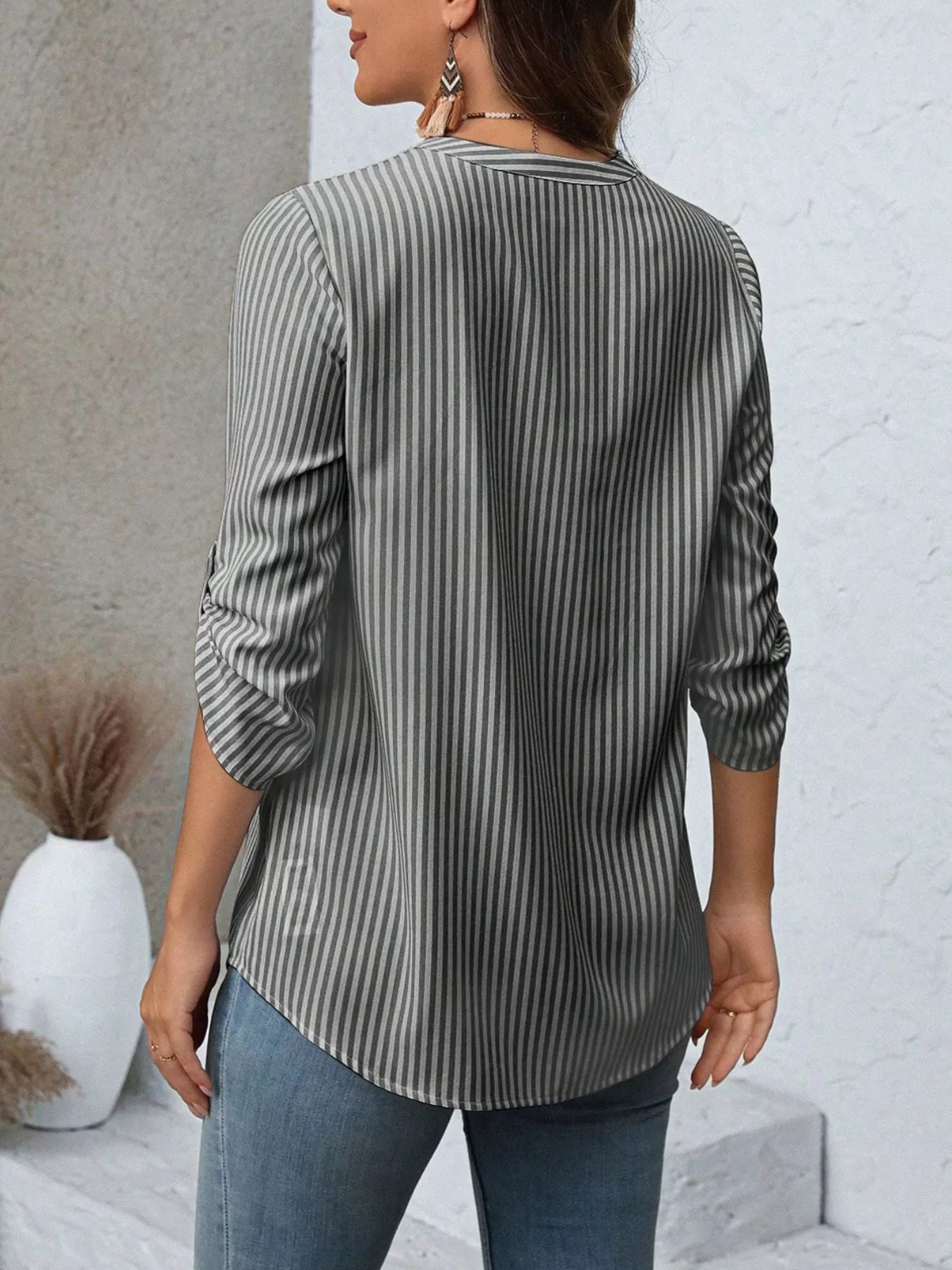 Striped V-Neck Roll-Up Sleeve Blouse