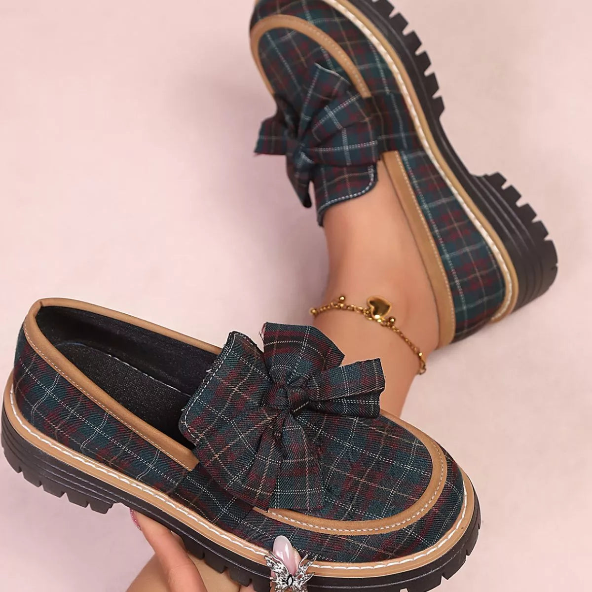 Plaid Bow Decor Chunky Loafers