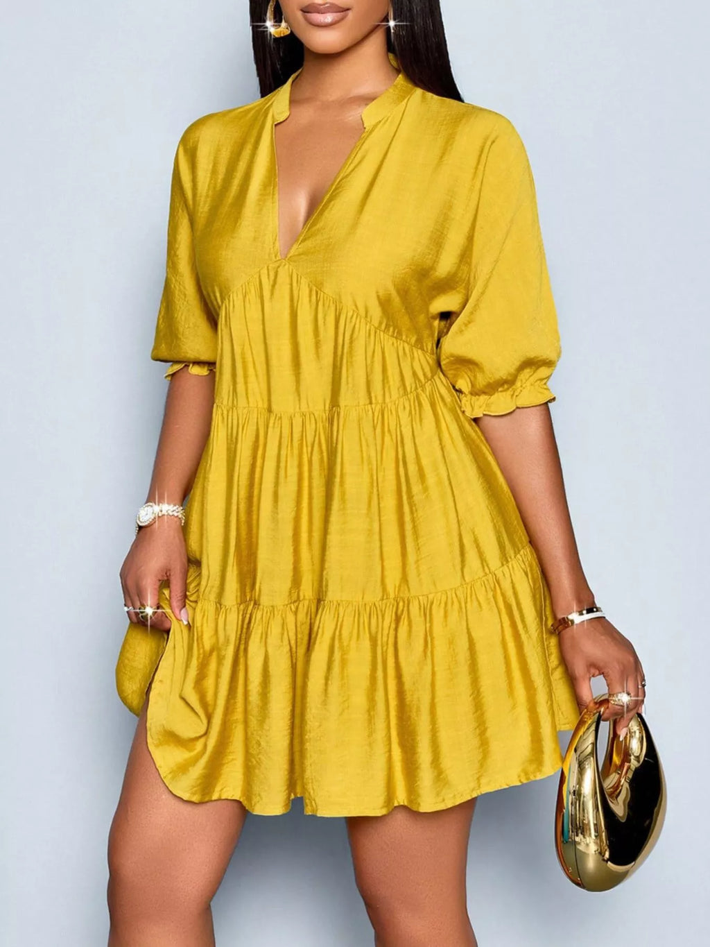 Notched Half Sleeve Tiered Dress