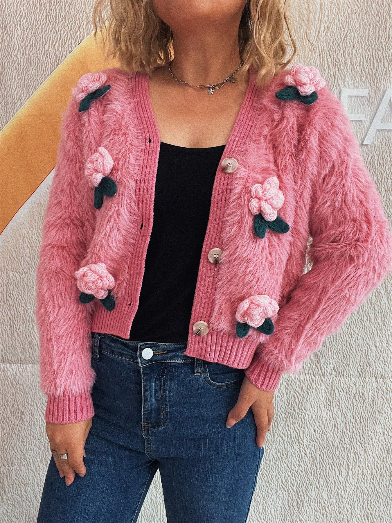 Flower Fuzzy Button-Up Cardigan