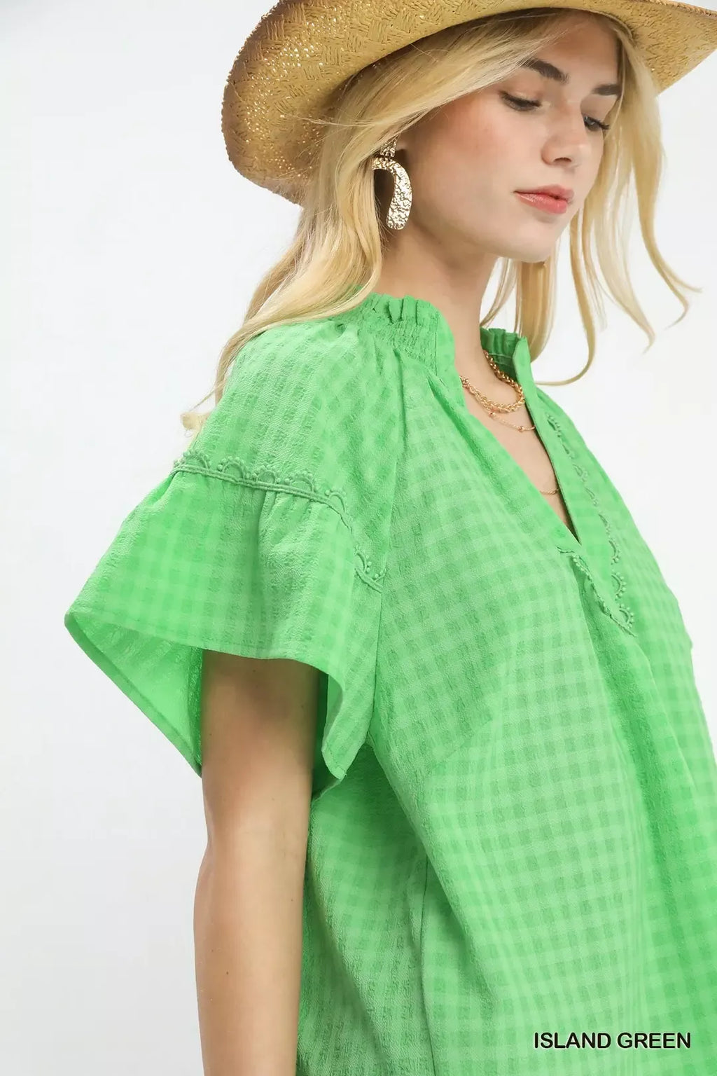 Umgee Gingham Puff Sleeve Top with Lace Trim