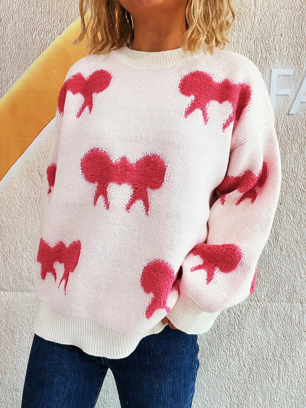 Bow Pattern Round Neck Sweater