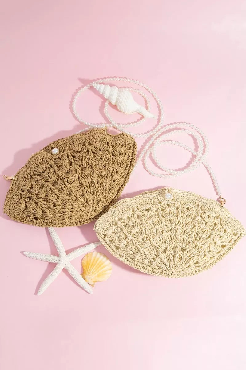 Fame Straw Braided Pearl Beaded Strap Seashell Bag