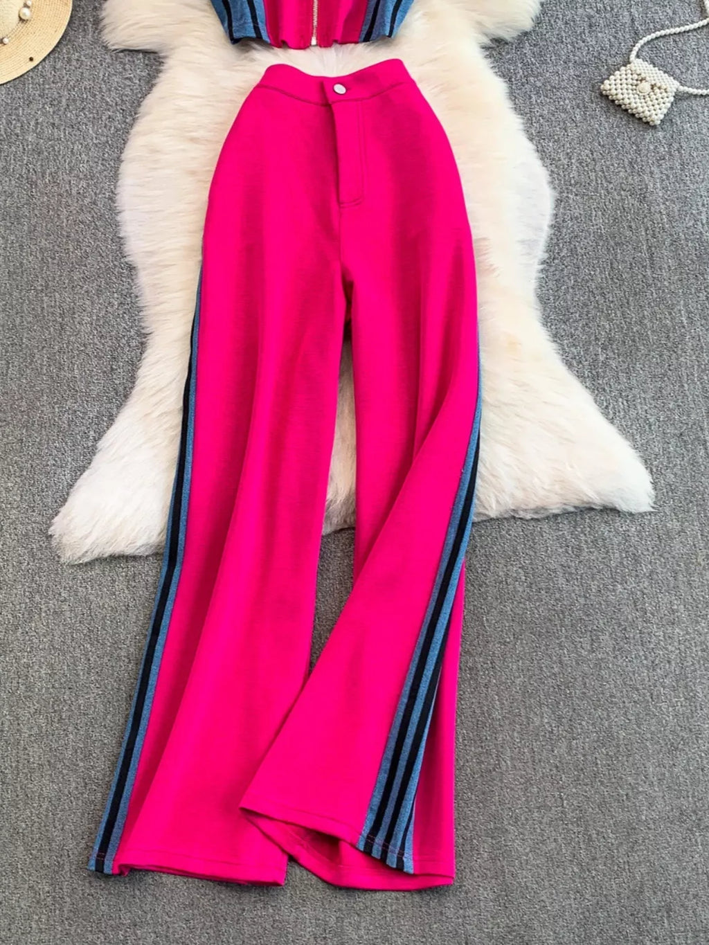 Zip Front Contrast Tank and Side Striped Pants Set