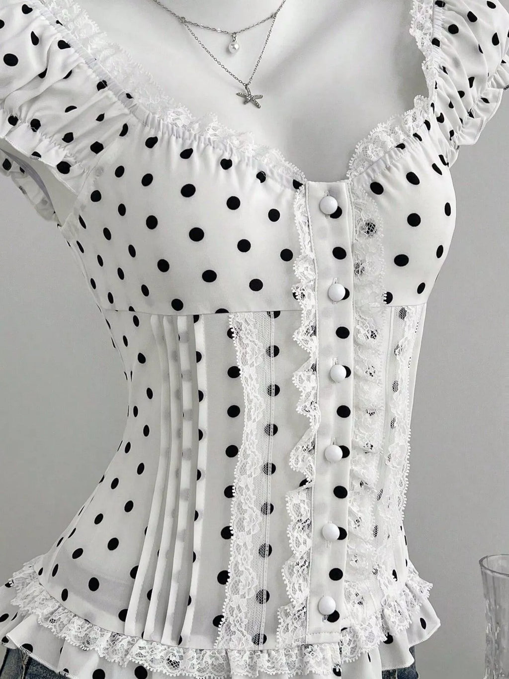 Polka Dot Lace Trim Cap Sleeve Blouse