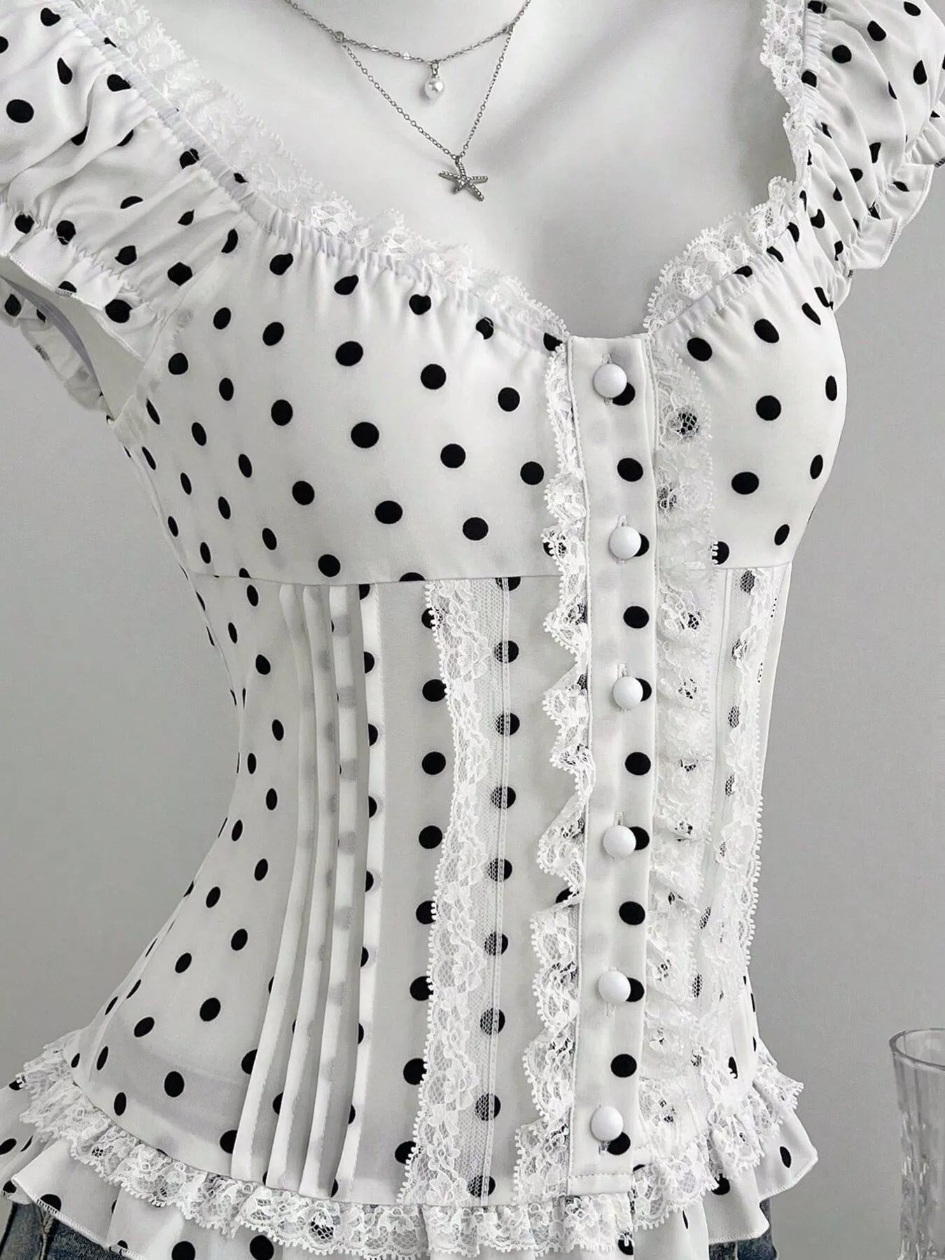 Polka Dot Lace Trim Cap Sleeve Blouse
