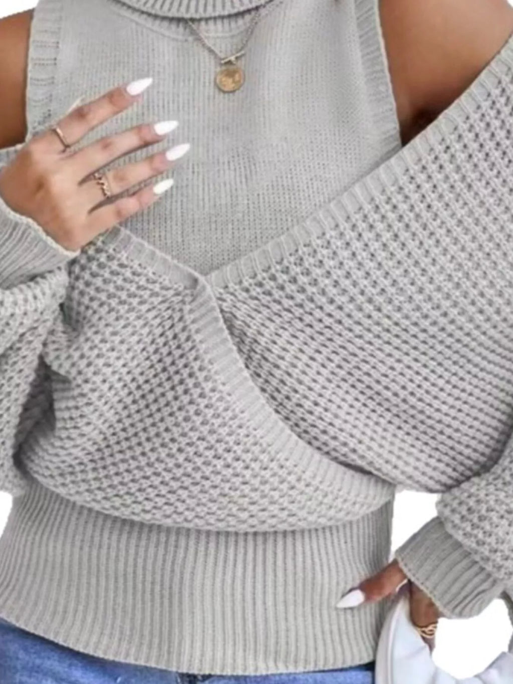 Waffle Knit Cold Shoulder Turtleneck Sweater