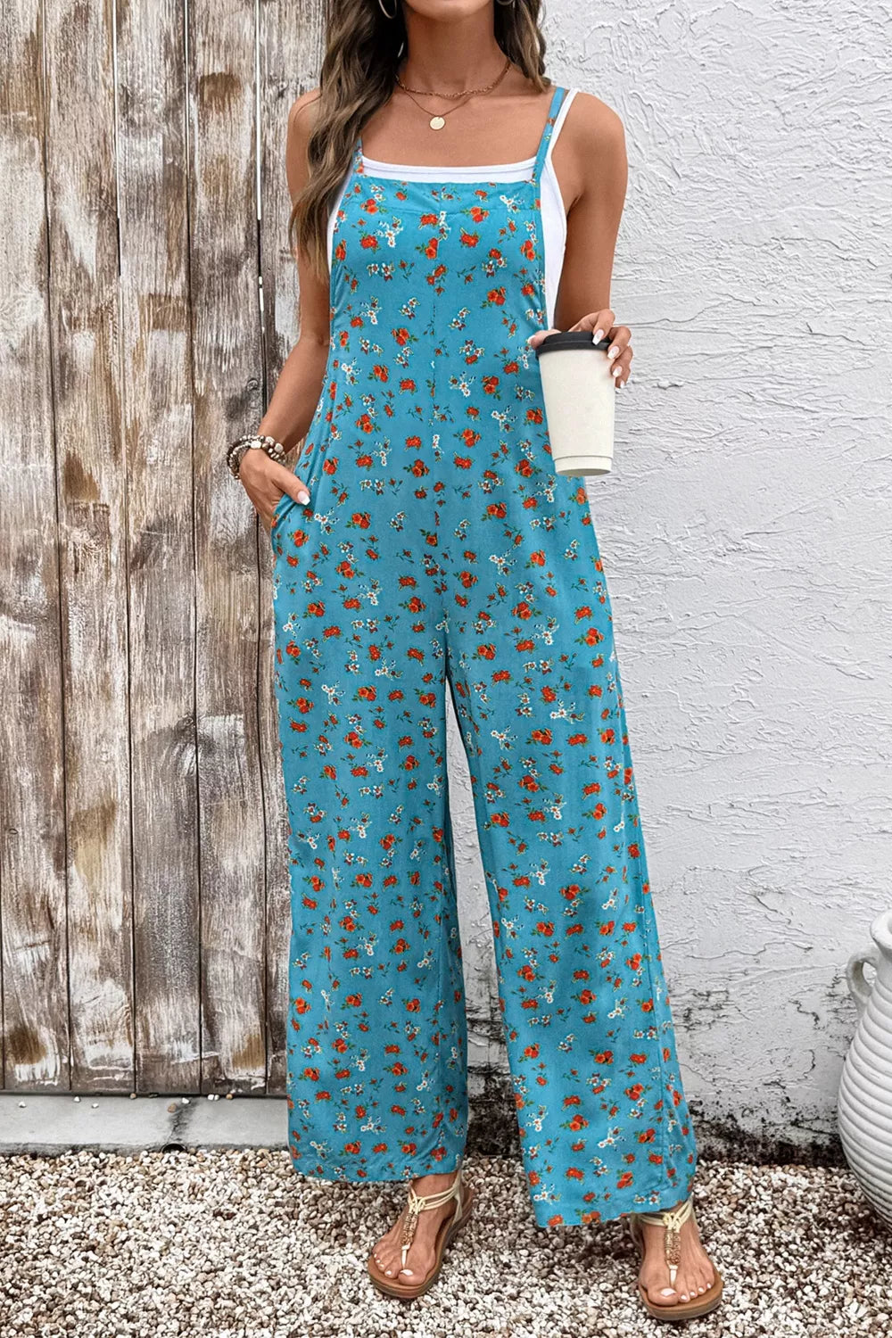 Floral Print Spaghetti Straps Loose Pocketed Jumpsuit