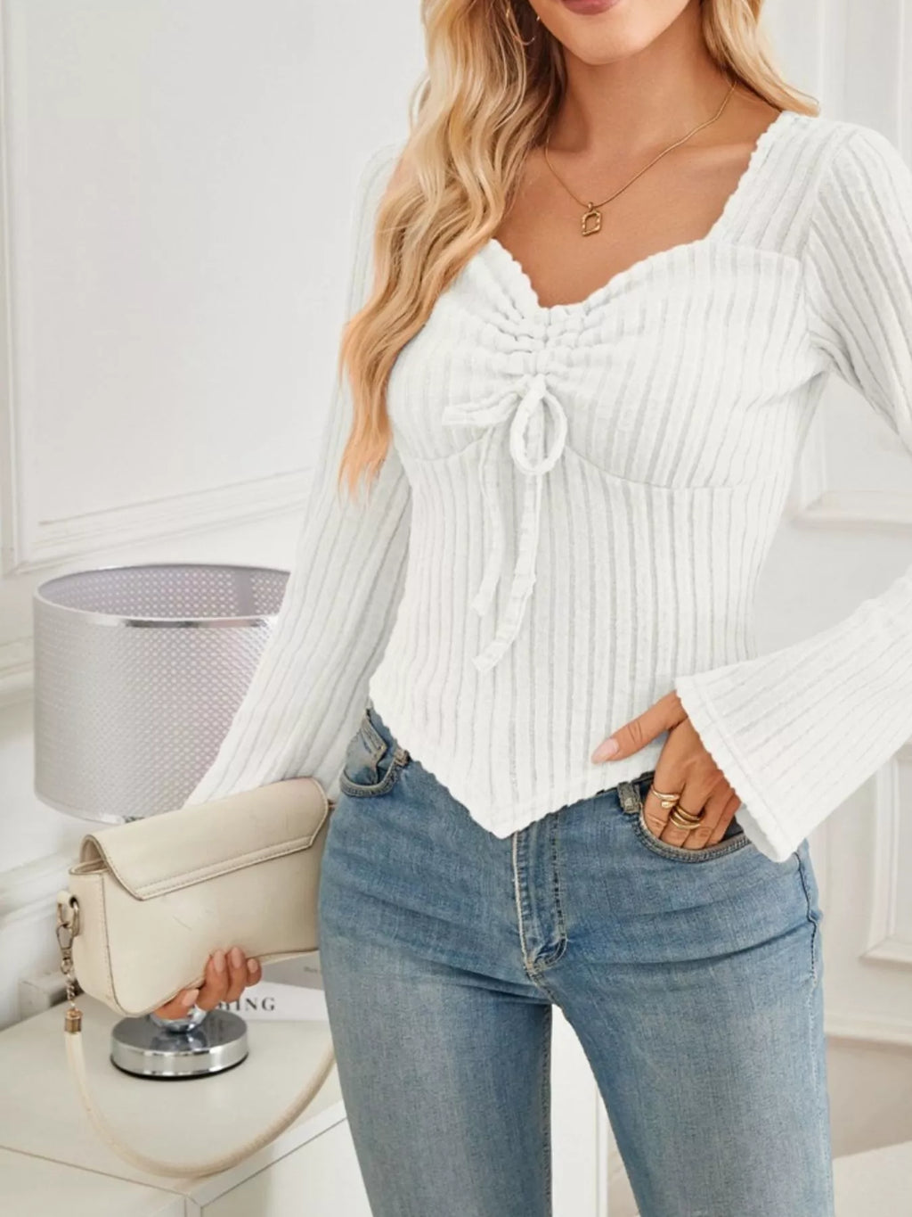Ribbed Knit Drawstring Long Sleeve T-Shirt