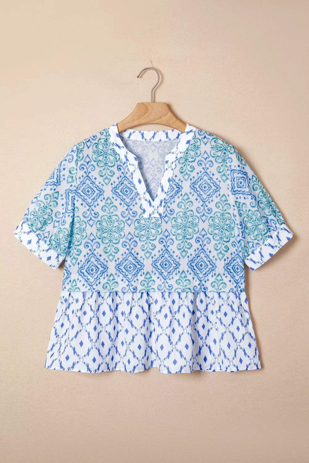 Floral Geometric Patchwork Short Puff Sleeve Babydoll Blouse