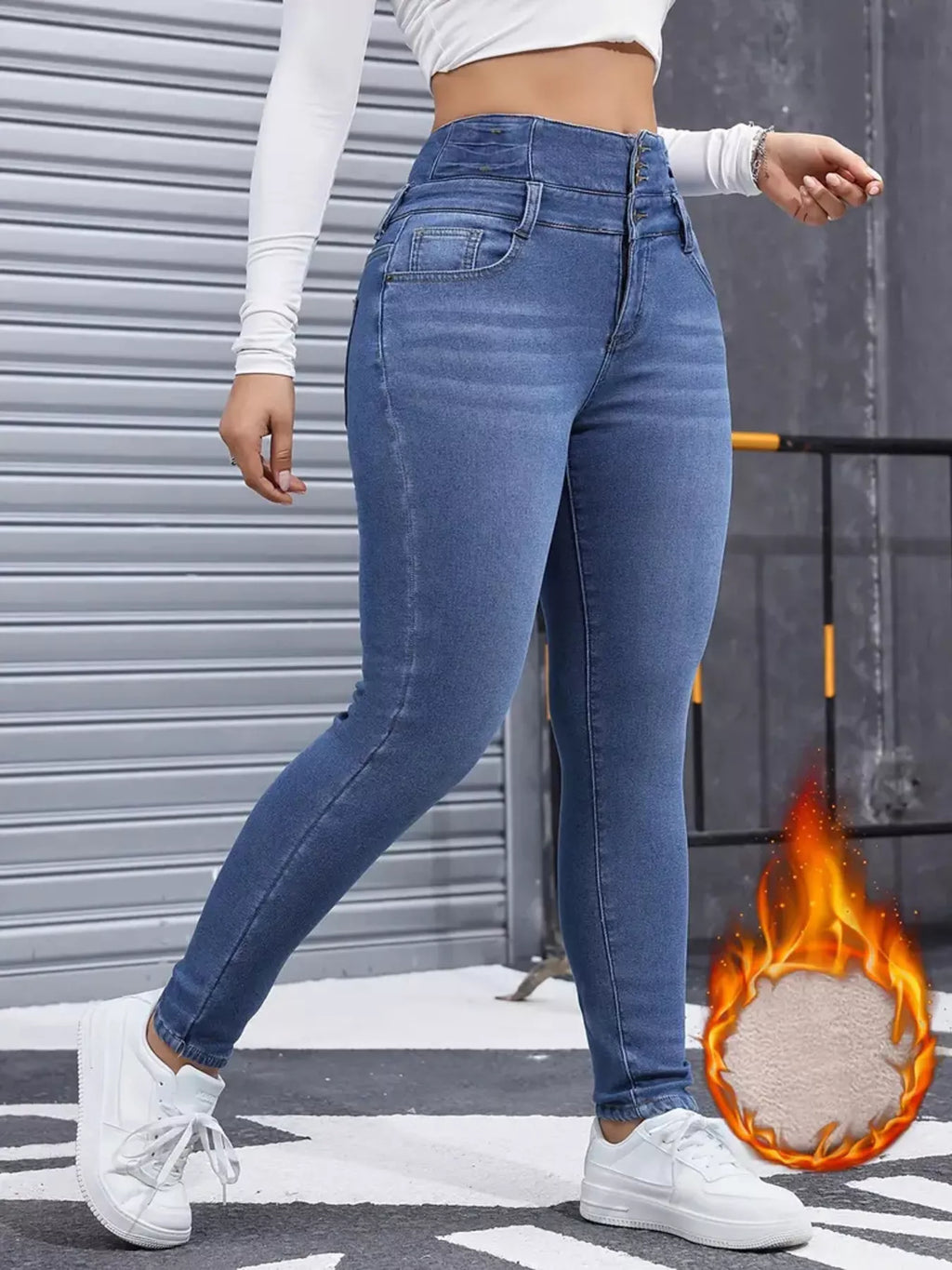 High-Waisted Slim Fit Fleece-Lined Jeans
