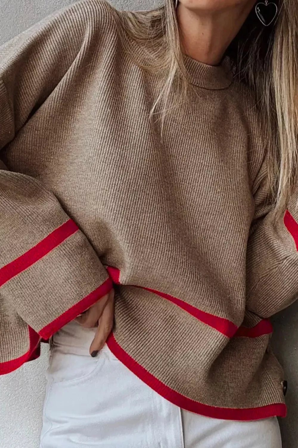 Ribbed Knit Pullover with Contrast Trim