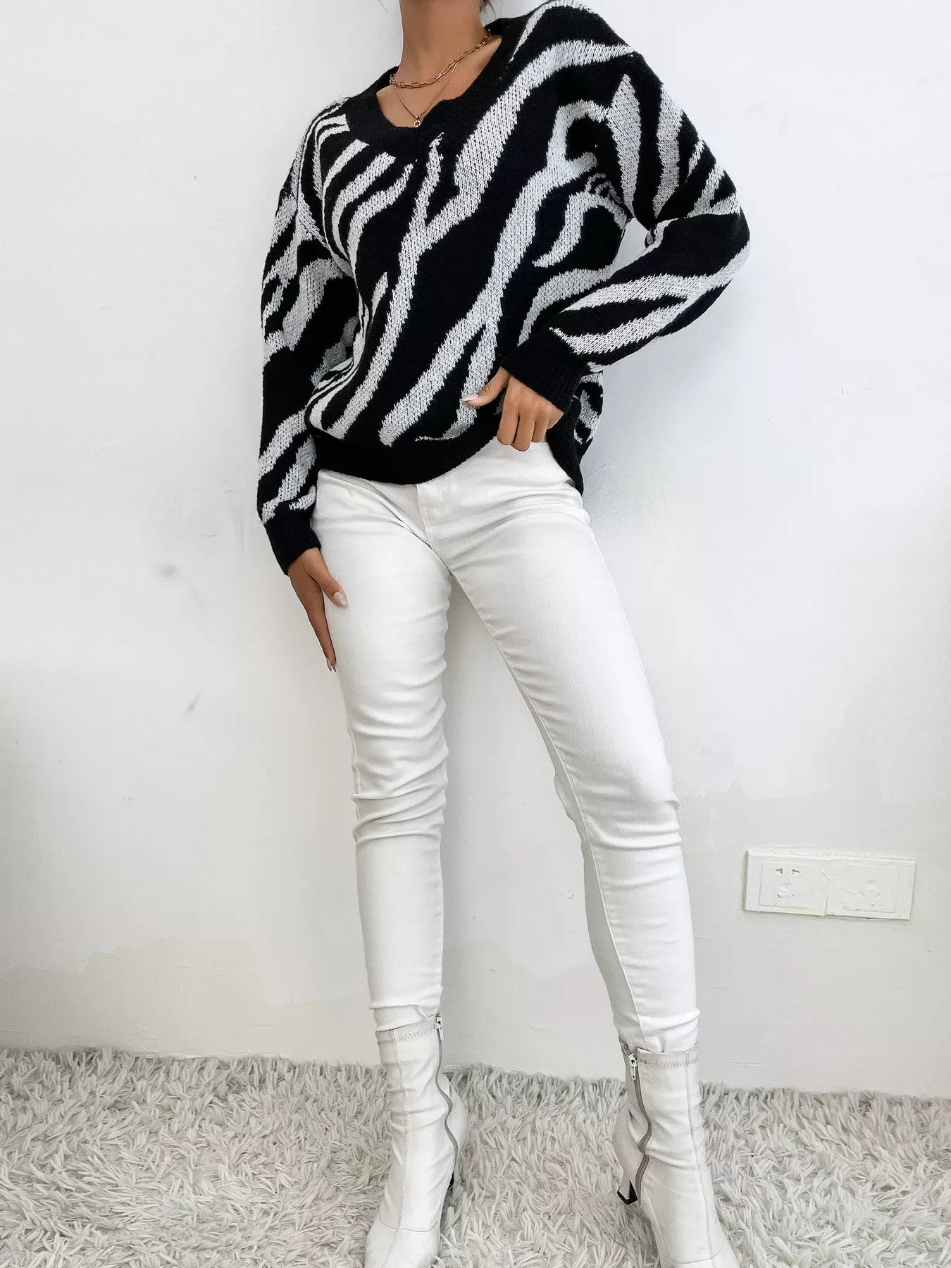 Zebra Print Relaxed Fit Pullover Sweater
