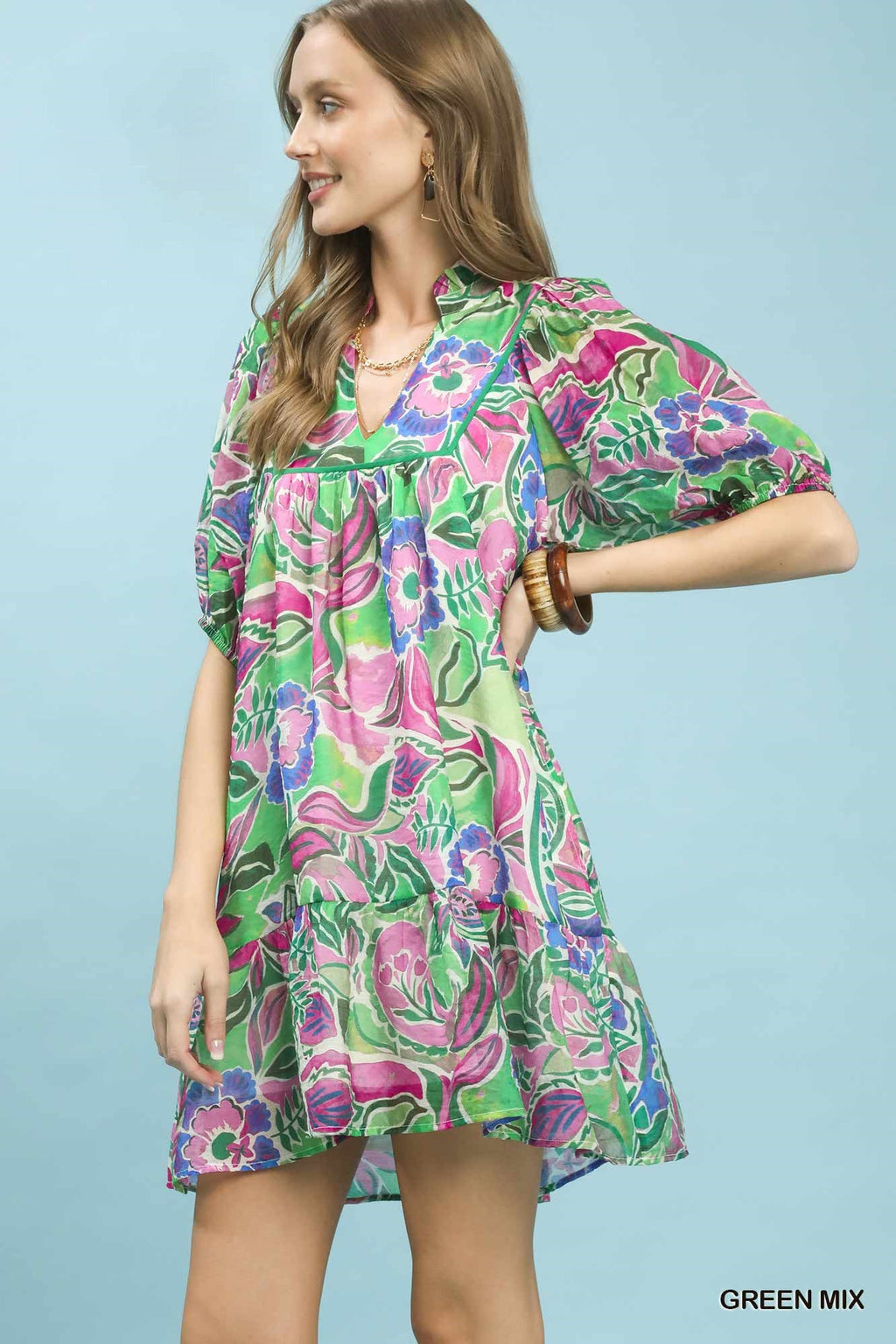 Umgee Abstract Print V-Neck Baby Doll Dress