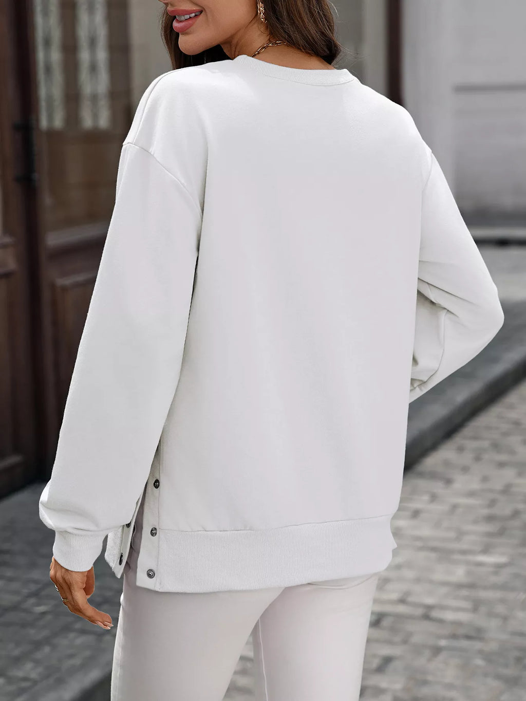 Side Snap Round Neck Sweatshirt