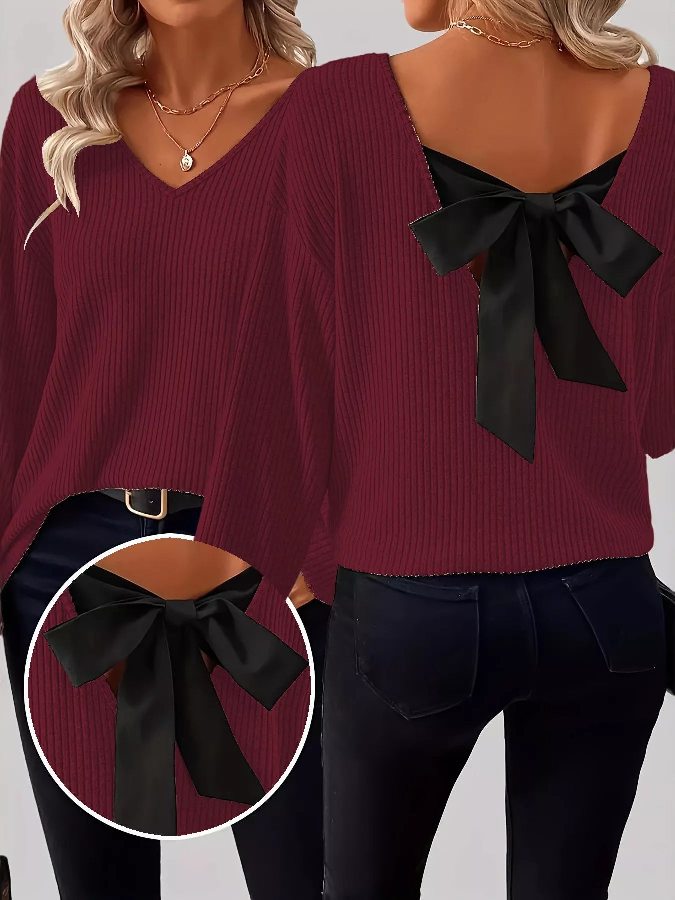 Full Size Ribbed Knit Backless Bow T-Shirt Plus Size
