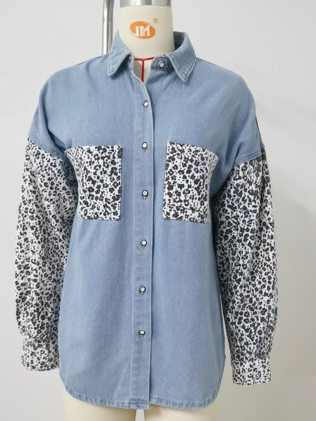 Leopard Patchwork Button Up Denim Shirt