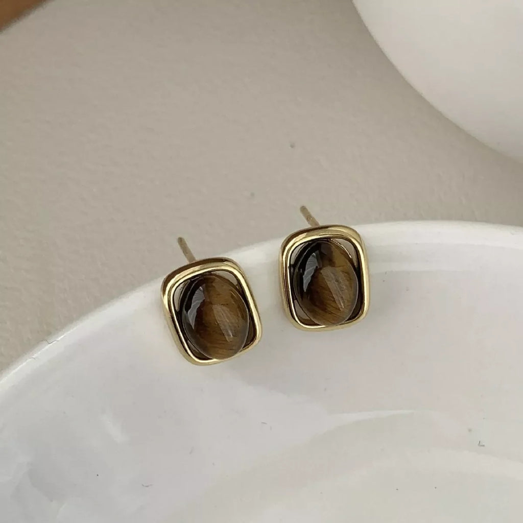 Square Tiger Eye Stud Earrings