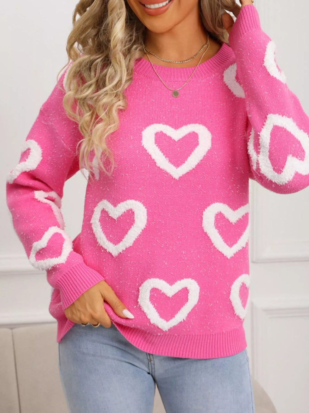 Valentine's Day Heart Pattern Round Neck Sweater