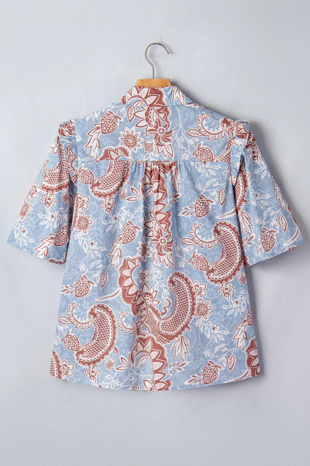 Floral Print Scalloped Trim Button Down Short Sleeve Shirt