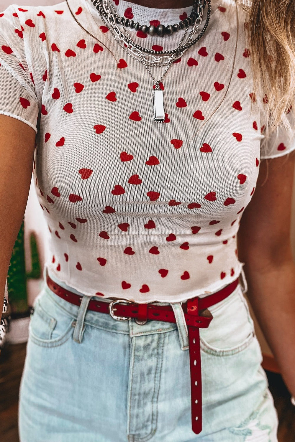 Sheer Heart Print Fitted Top