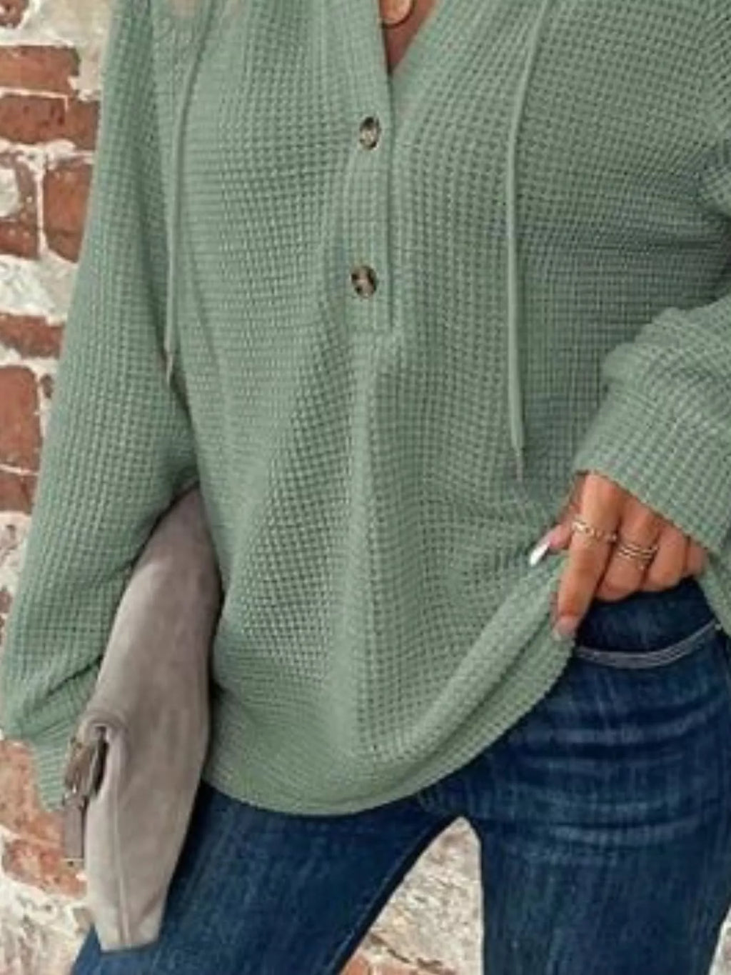 Waffle Knit Button Detail Hoodie