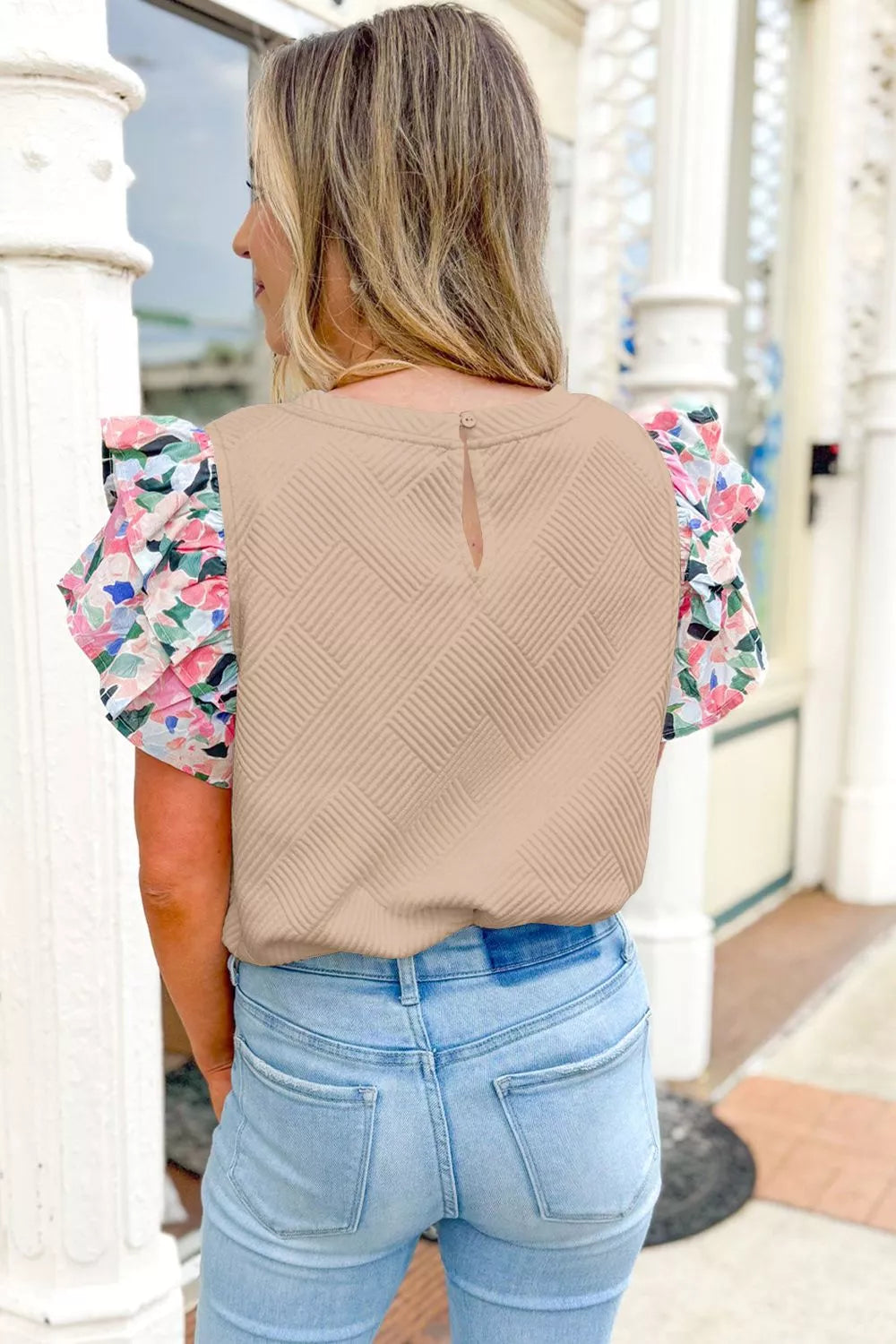 Textured Floral Ruffle Sleeve Blouse