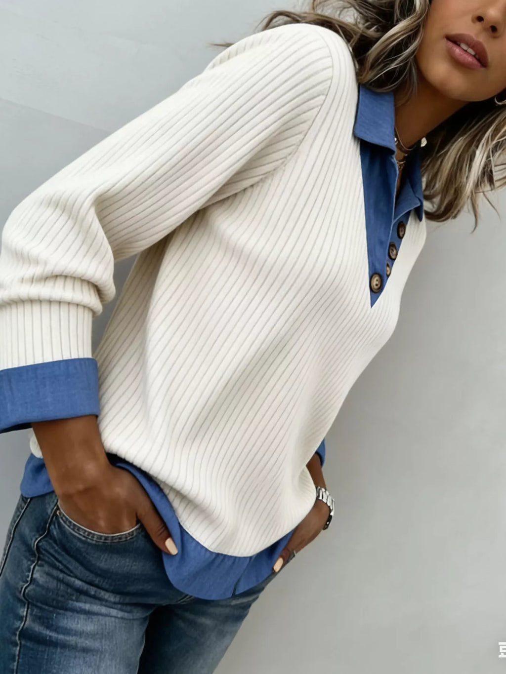 Denim Trim Ribbed Knit Top