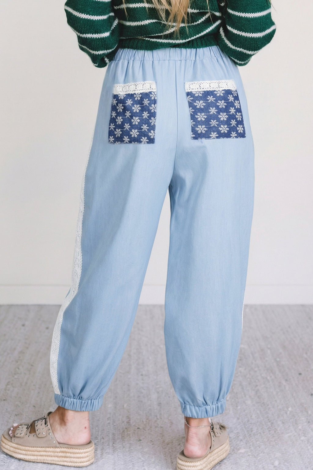 Floral Lace Patch Pocket Pleated Wide Leg Pants