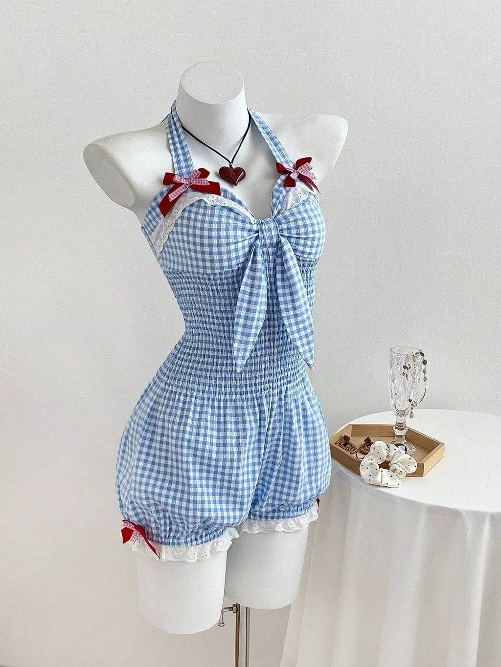 Gingham Bowknot Halter Neck Romper