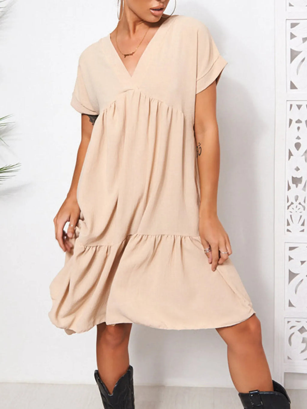 V-Neck Babydoll Tiered Mini Dress